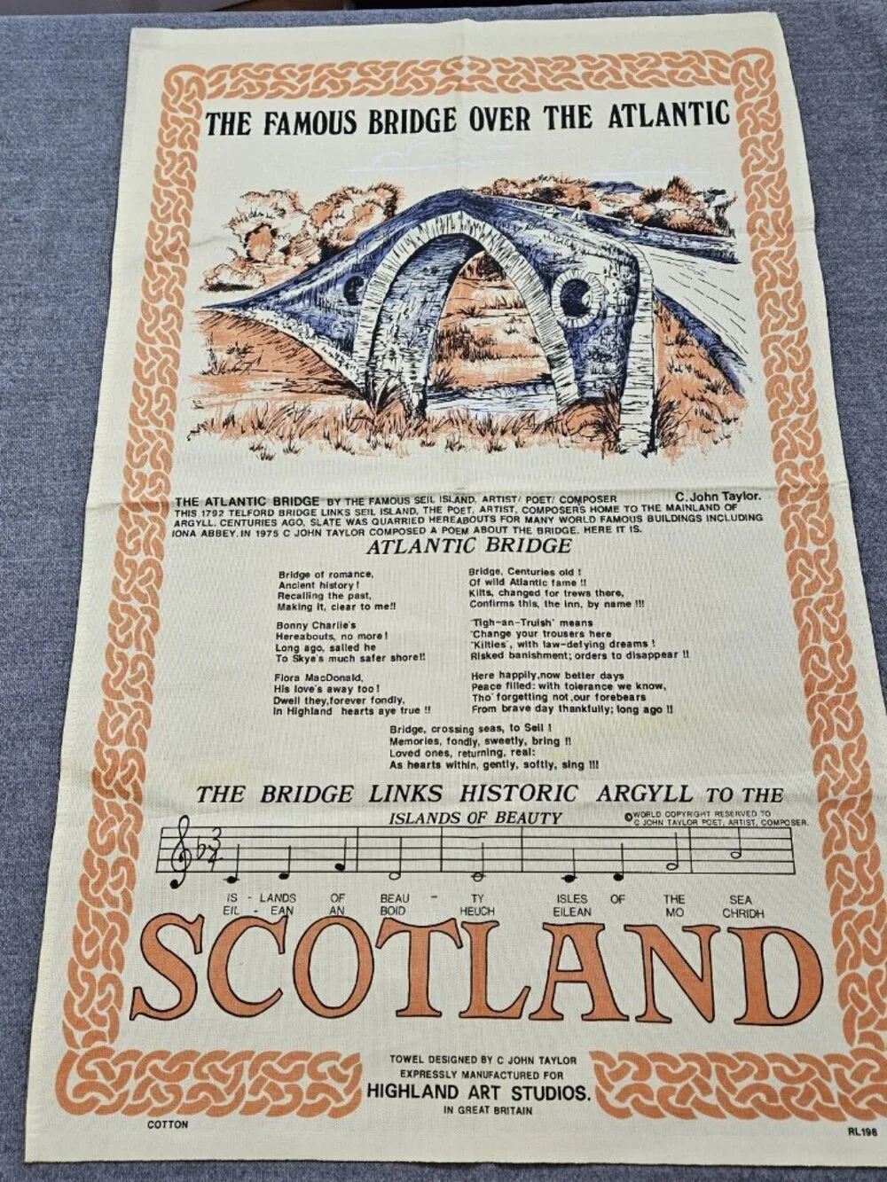 Vtg Tea Towel Made in GB Atlantic Bridge Scotland Hymn Poem C John Taylor Cotton